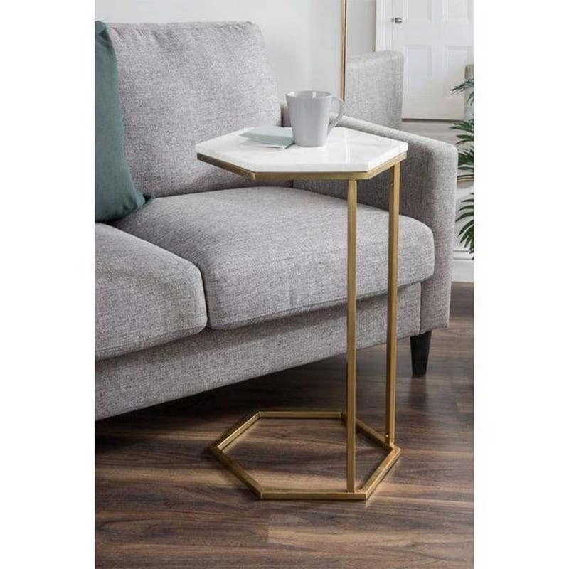 Steel Side Table , Hexagonal shape, One Piece, 55×40 cm - White Gold