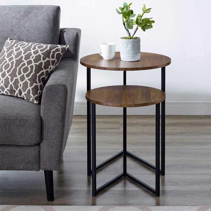 Steel Side Table Set, Two Pieces, Round Shape - Black Brown