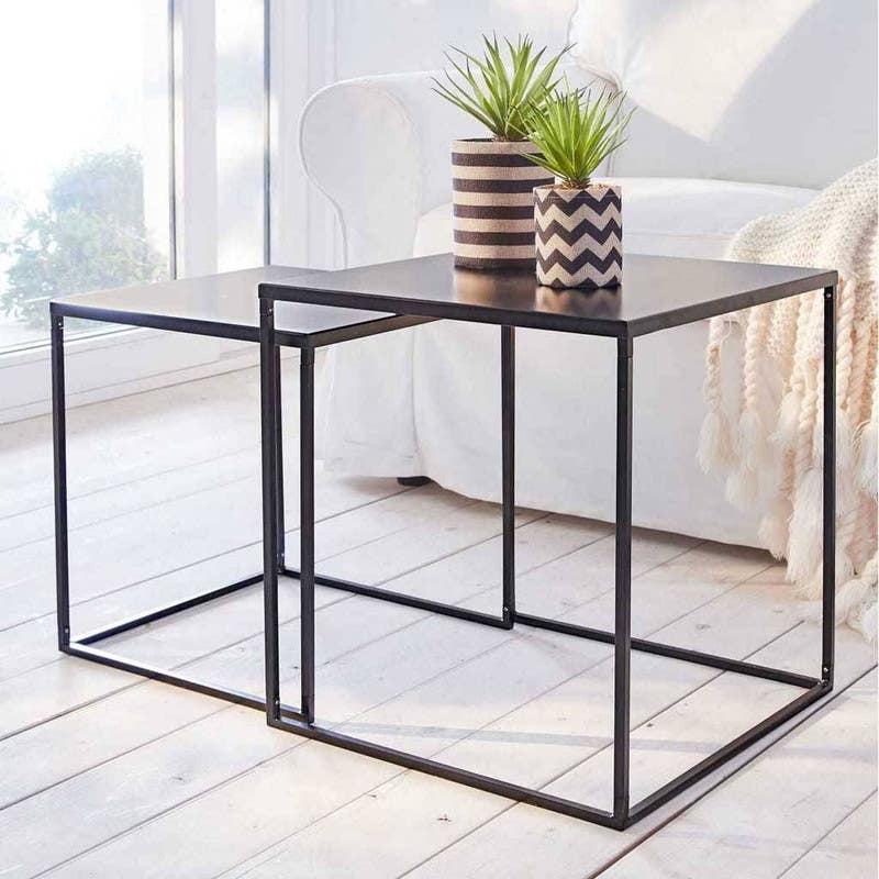 Steel Side Table Set, Square shape, Two Pieces, 60×45 cm 55×40 cm - Black Brown