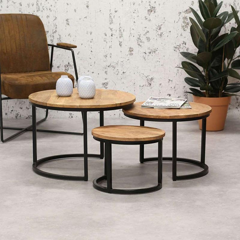 Steel Table Set, 3 Pieces, Round Shape - Black Beige