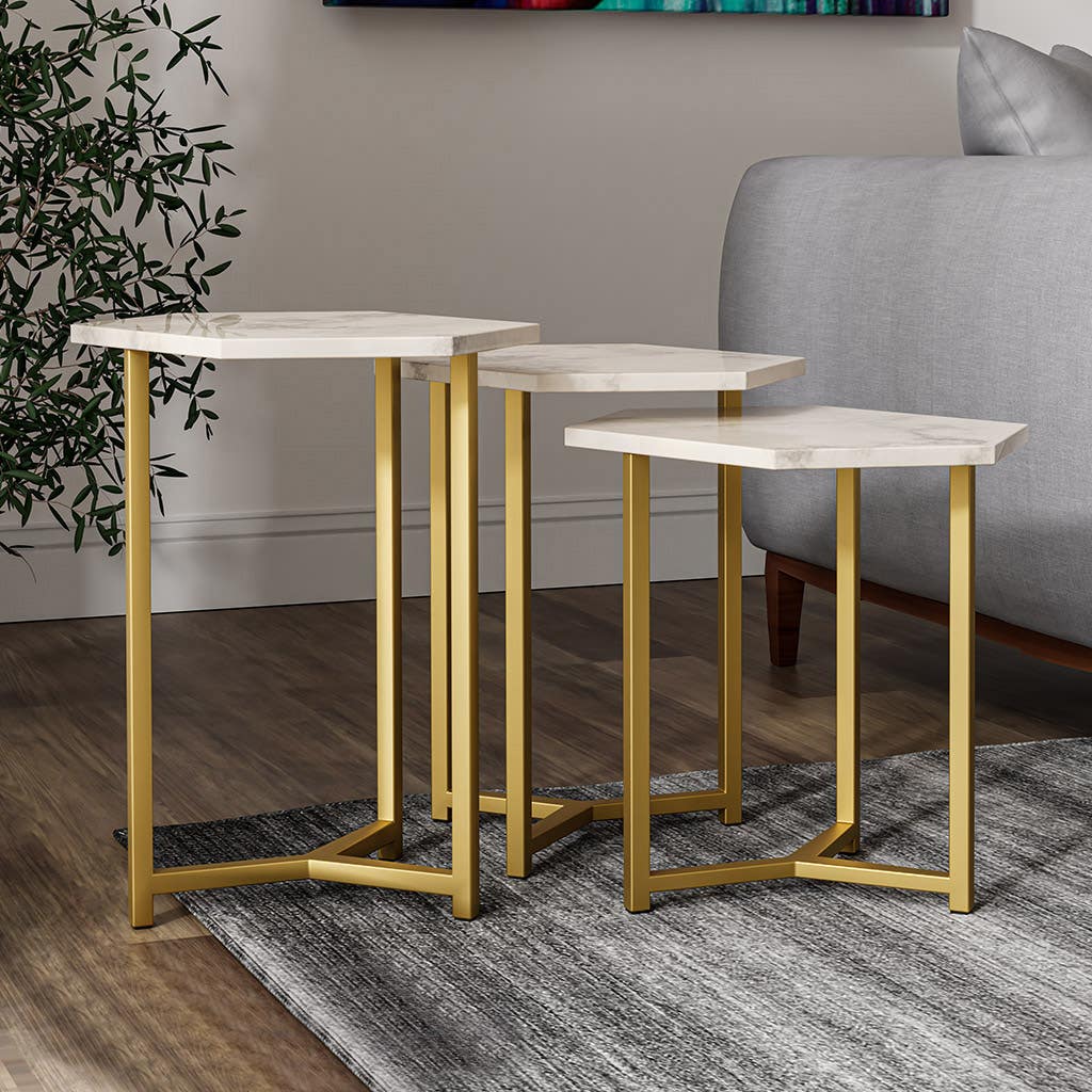 Steel Side Table set with Marble Surface, 3 Pieces, 35×55 cm - Gold