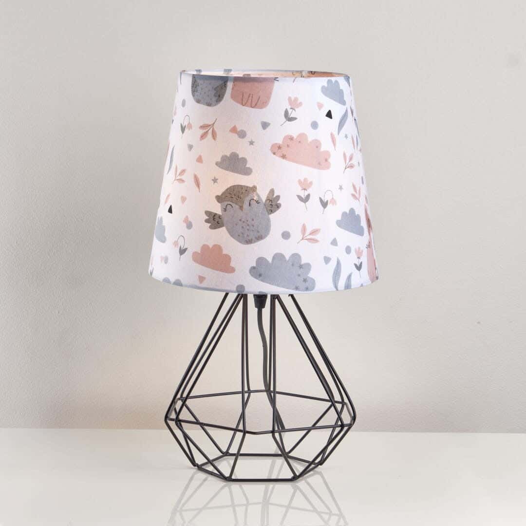 NAGAFA SHOP Rust-Resistant Metal And Natural Linen Fabric Table Lamp, 17×23×40 cm - Black And White Patterned With Children'S Drawings