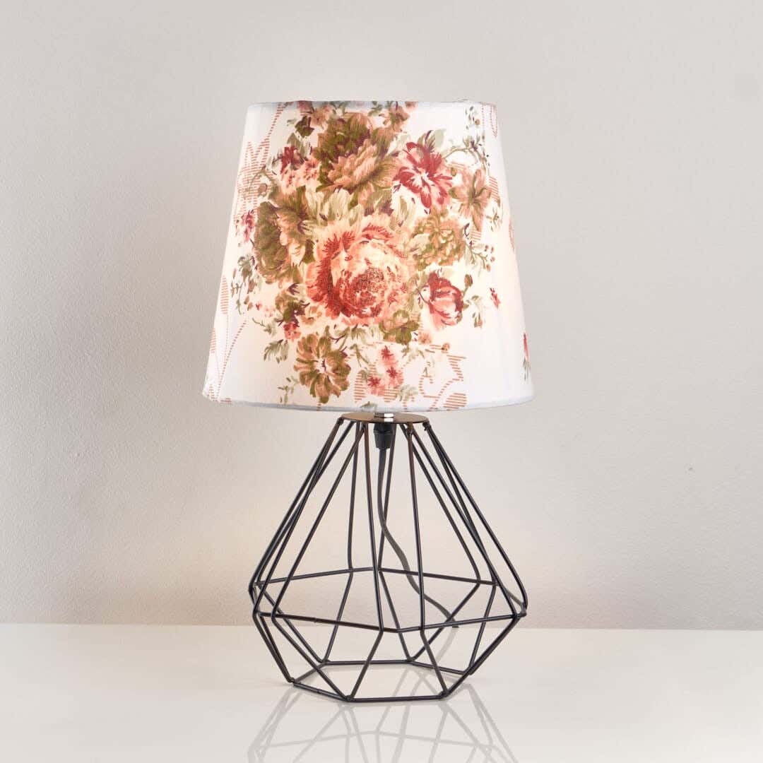 NAGAFA SHOP Rust-Resistant Metal And Natural Linen Fabric Table Lamp, 17×23×40 cm - Black And White Patterned With Roses