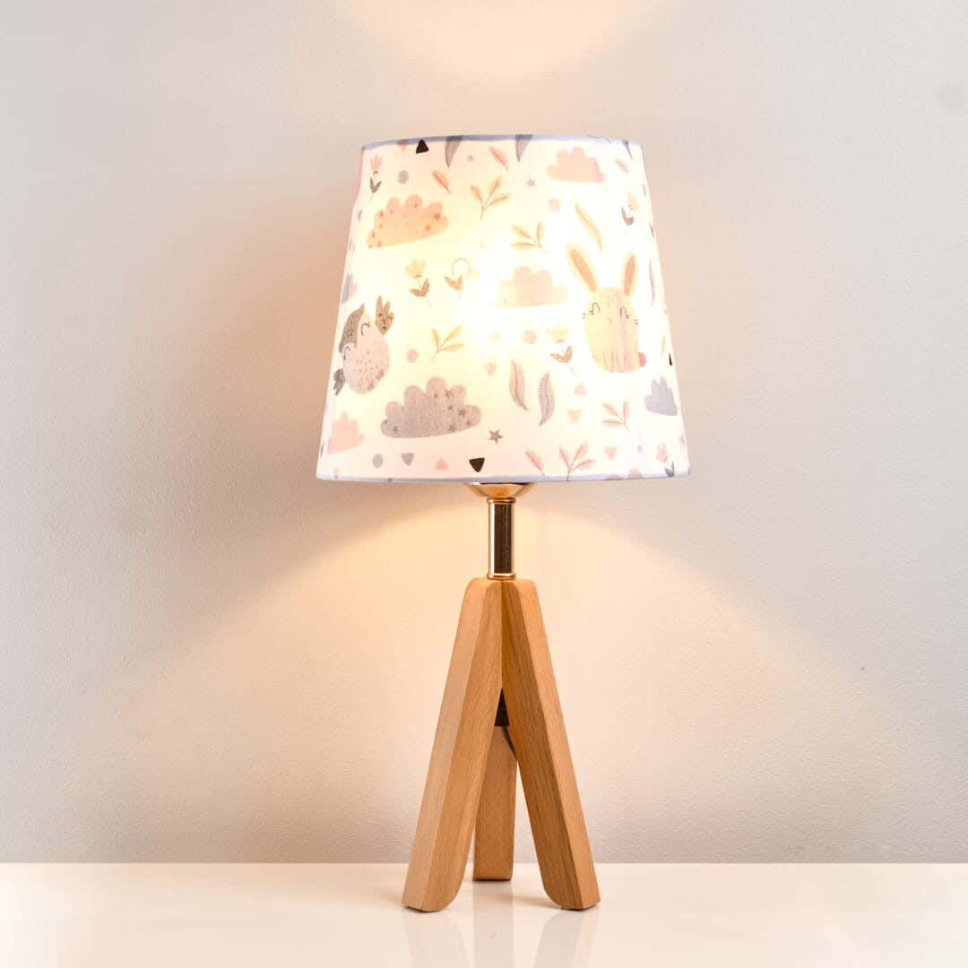 NAGAFA SHOP Red Beech Wood, Natural Linen Fabric Table Lamp, 17×23×45 cm - Beige Wooden White Patterned With Children'S Drawings