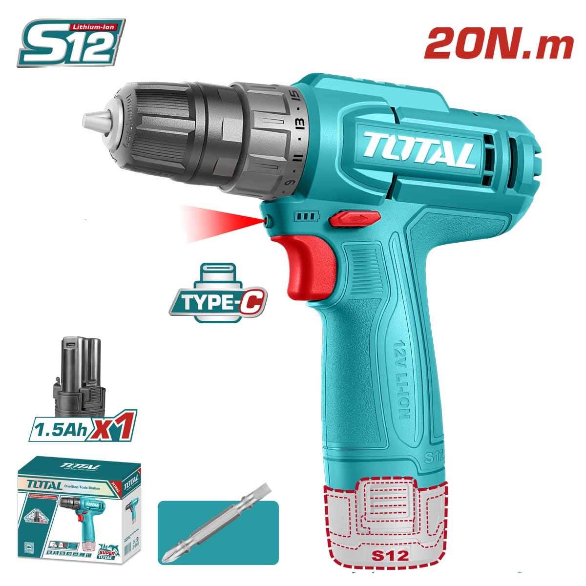 Total cordless electric drill, 12V, battery operated - blue