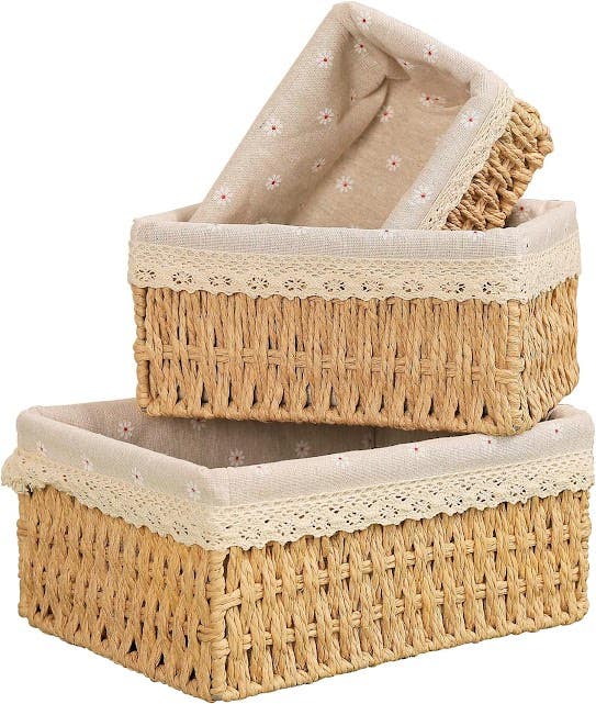 Braided Rattan Basket Set, 3 Pieces - Beige