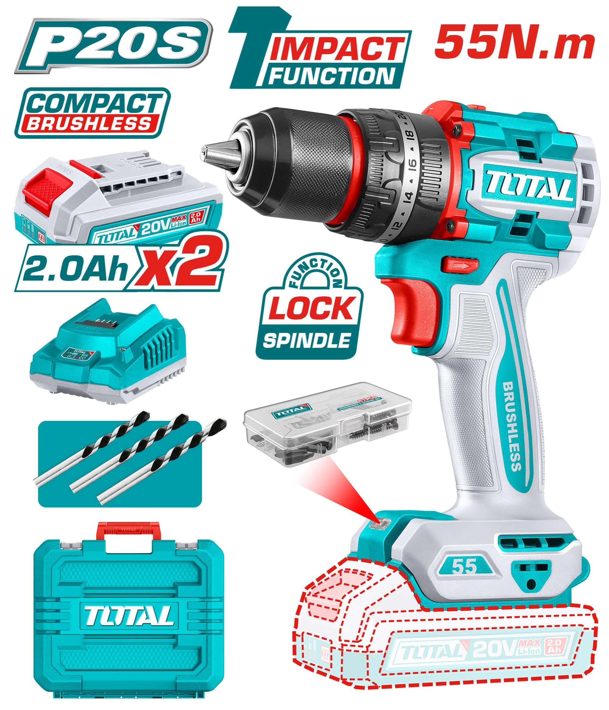 Total cordless electric drill, 20 volts, battery operated - blue