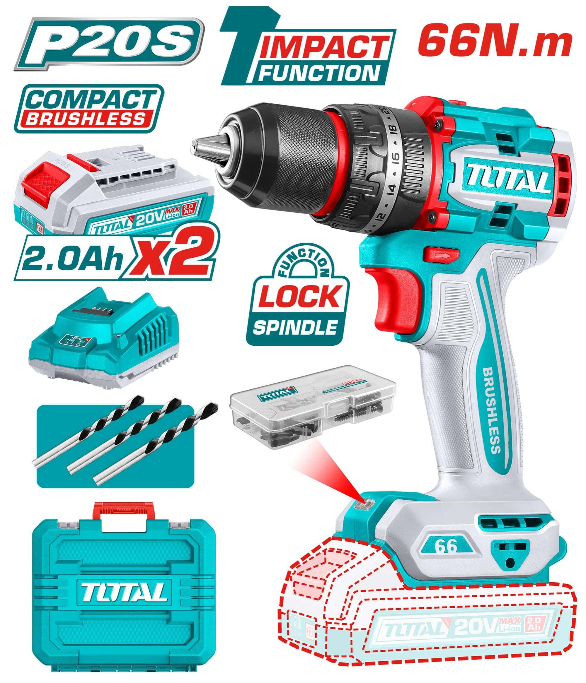 Total Cordless Electric Drill, 20V, 66N - Blue