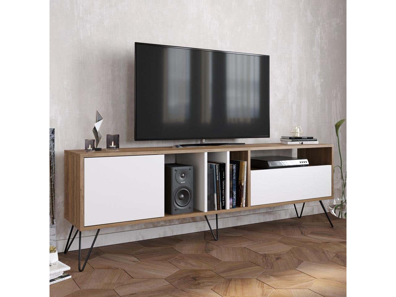 MDF Wooden Tv Table, 180X50X30 Cm - White Beige