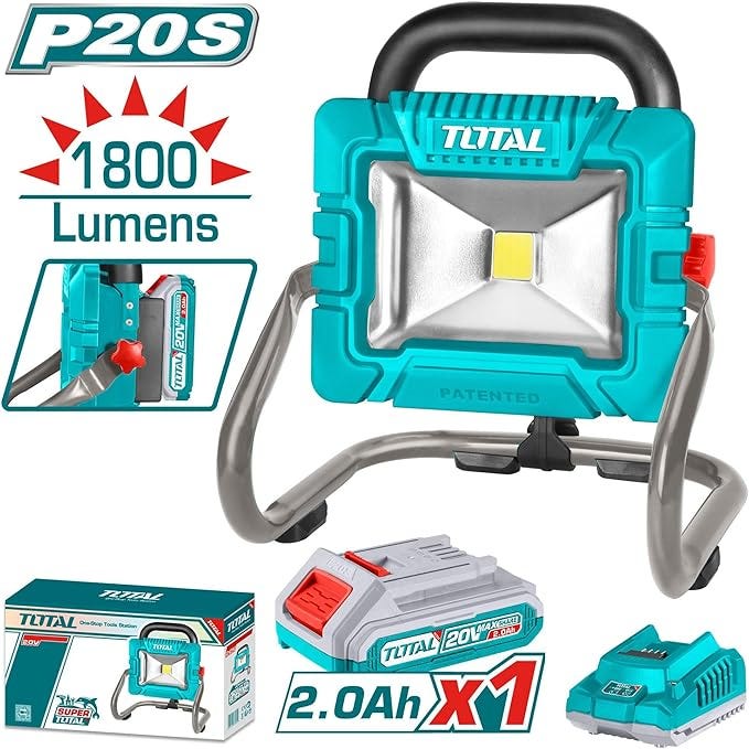 Total Led Flashlight, 20V 1800 Lumens Battery + 2Ah Battery + Charger, Twli20258 - Blue