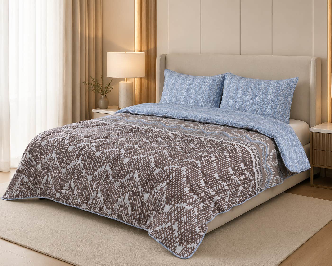 Al Maamoun Cotton Quilt, 3 Pieces - Brown