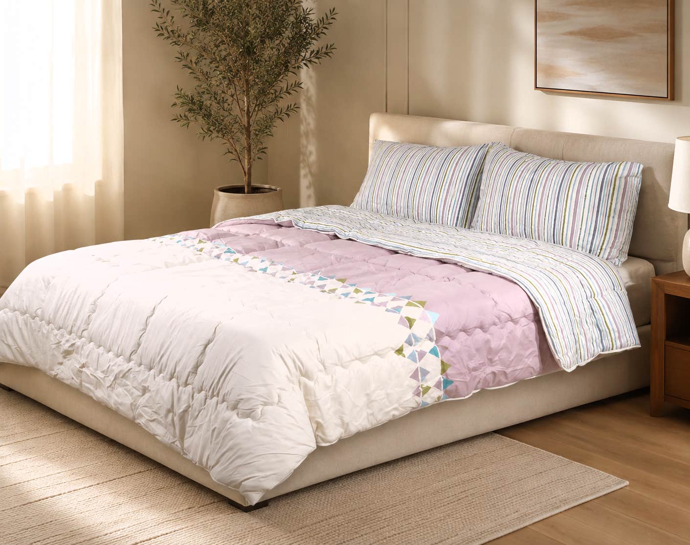 Al Maamoun Cotton Quilt, 3 Pieces - Pink White