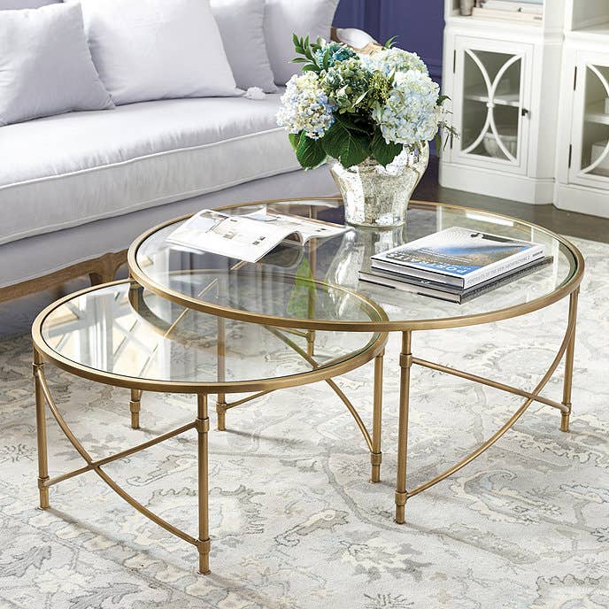 Steel Round Center Tables Set, Two Pieces, Glass Top - Gold