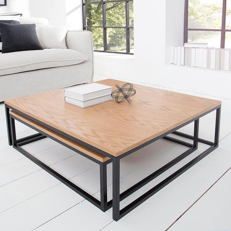 Steel Square Center Tables Set, Two Pieces, Wood Surface - Wooden Black