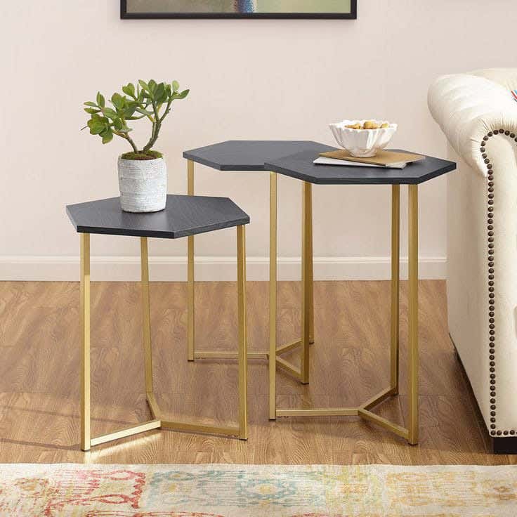 Steel Side Table Set, 3 Pieces, Wood Top - Gold