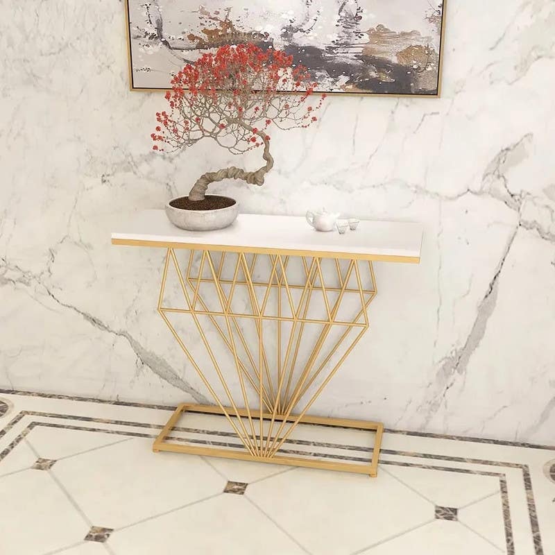 Steel Console Table, Marble Surface, 110×90×35 cm - Gold