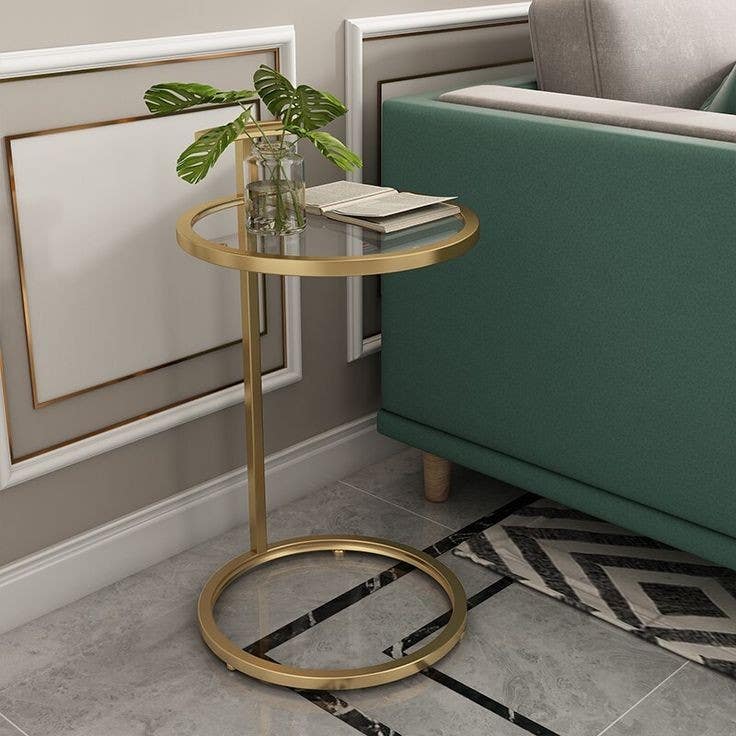 Steel Side Table, Glass Surface, 55×35 Cm - Gold