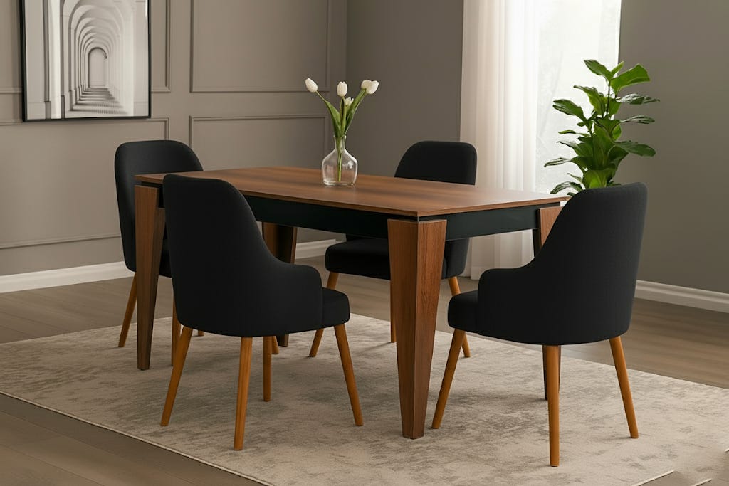 Thai MDF Wood Modern Dining Table, 120x80cm, Hight 80 cm , 4 Rotating Chairs, Velvet Upholstery - Black Brown