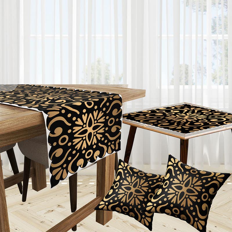 Velvet Runner Dinner Tablecloth, With 2 Cushion Covers - Multicolor, With 2 Side Tablecloth Free
