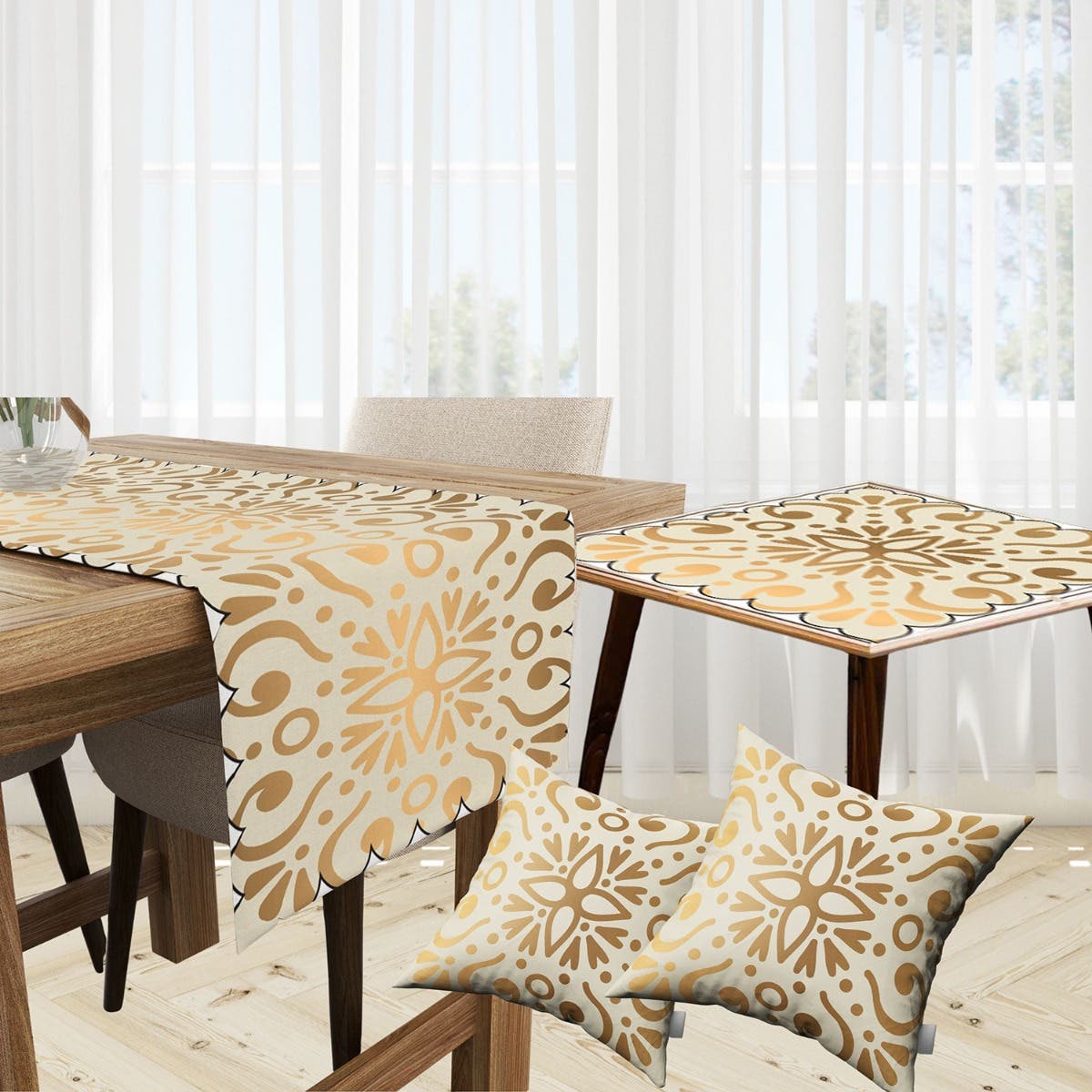 Velvet Runner Dinner Tablecloth, With 2 Cushion Covers - Multicolor, With 2 Side Tablecloth Free