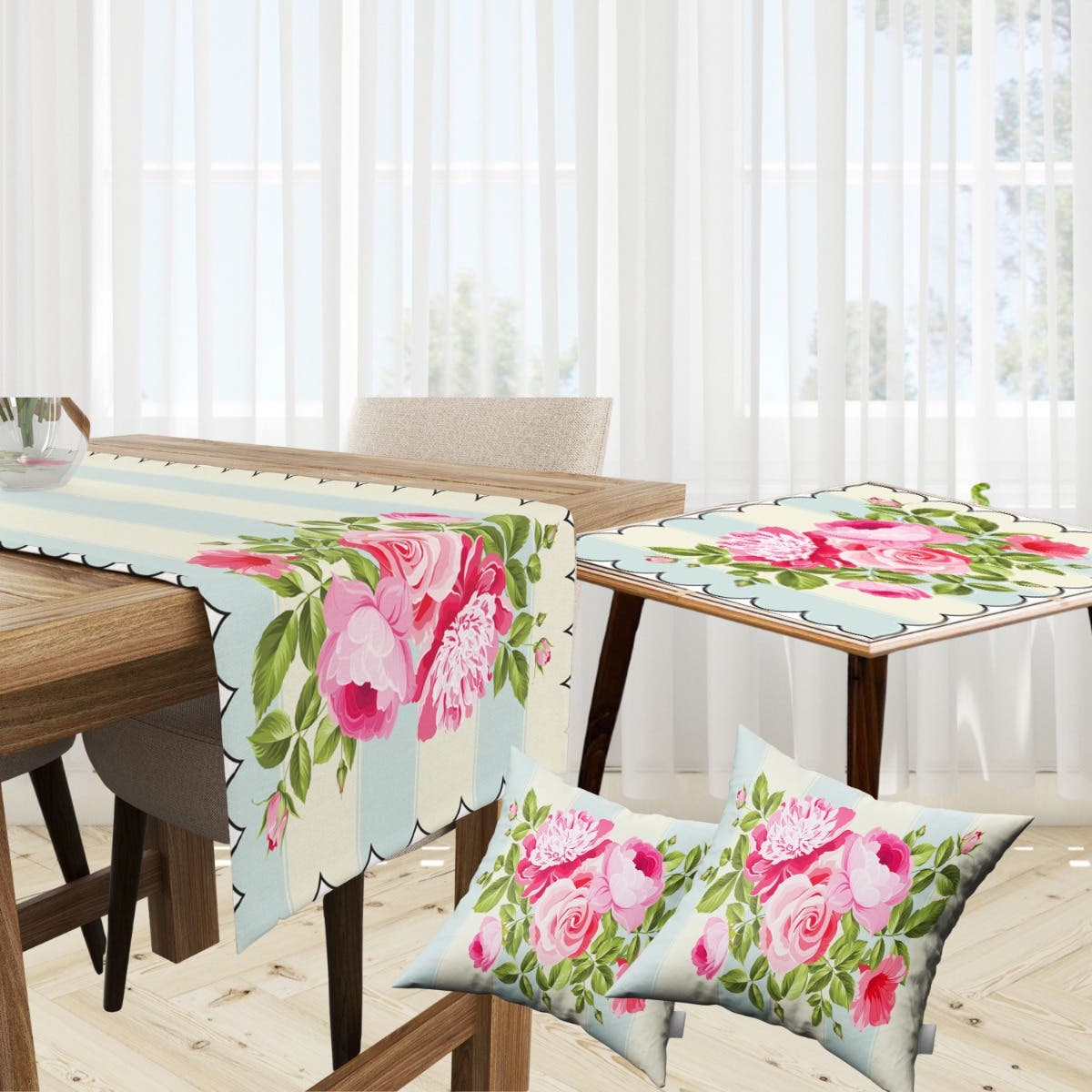 Velvet Runner Dinner Tablecloth, With 2 Cushion Covers - Multicolor, With 2 Side Tablecloth Free