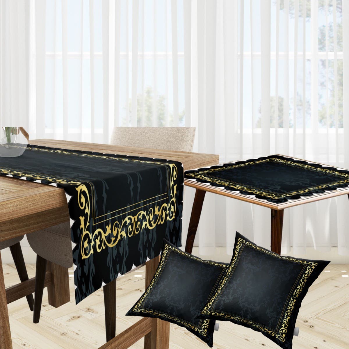 Velvet Runner Dinner Tablecloth, With 2 Cushion Covers - Multicolor, With 2 Side Tablecloth Free