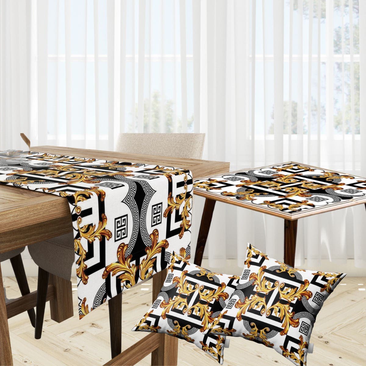Velvet Runner Dinner Tablecloth, With 2 Cushion Covers - Multicolor, With 2 Side Tablecloth Free
