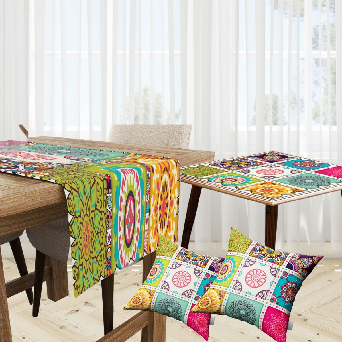 Velvet Runner Dinner Tablecloth, With 2 Cushion Covers - Multicolor, With 2 Side Tablecloth Free