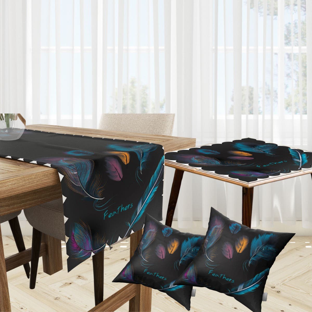 Velvet Runner Dinner Tablecloth, With 2 Cushion Covers - Multicolor, With 2 Side Tablecloth Free