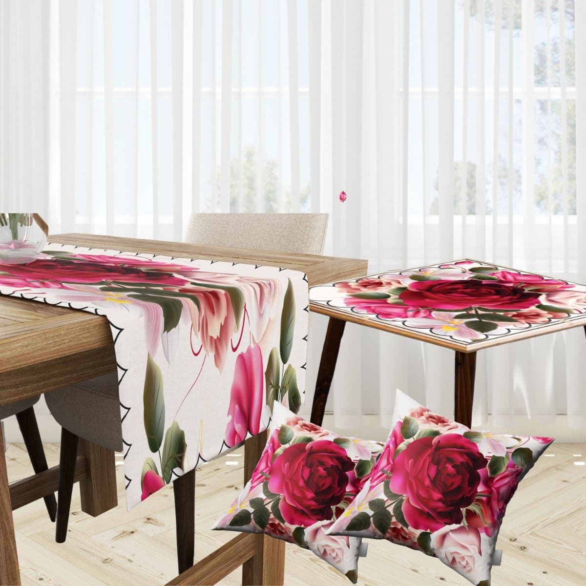 Velvet Runner Dinner Tablecloth, With 2 Cushion Covers - Multicolor, With 2 Side Tablecloth Free