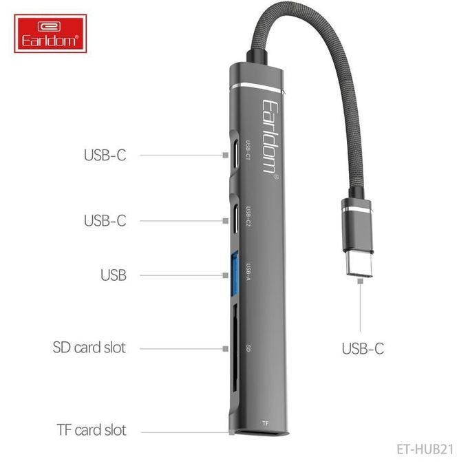 Earldom Hub21 Adapter 5 In 1 Docking Station Usb Type-C For Computer And Mobile Phone High Quality Mini Multi-Port 2 Usb Type-C Usb 3.0 Tf Support Sd Support - Dark Grey