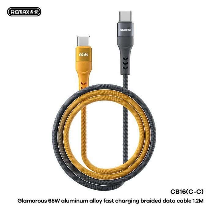 Remax CB16 65W Dual Connector Data Cable, 1.2m, Braided Aluminum Alloy, Supports PD Fast Charging - Yellow Gray