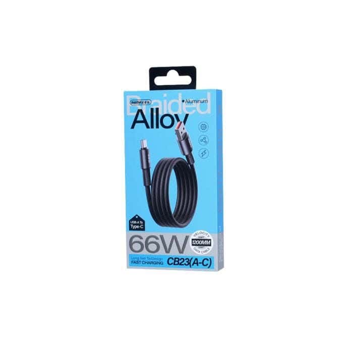 Remax CB23 (A-C) 66W USB-A to Type-C Cable, Braided Aluminum Alloy Cable with Fast Charging - 1.2m - Black