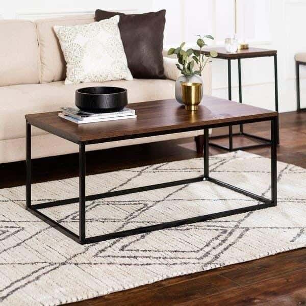 Metal Center Table With MDF Wood Surface, 100 × 50 × 45 cm - Black Brown