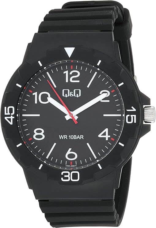 Q&Q V02A-003VY Round Analog Casual Watch For Men, L /40 - 48 mm - Black