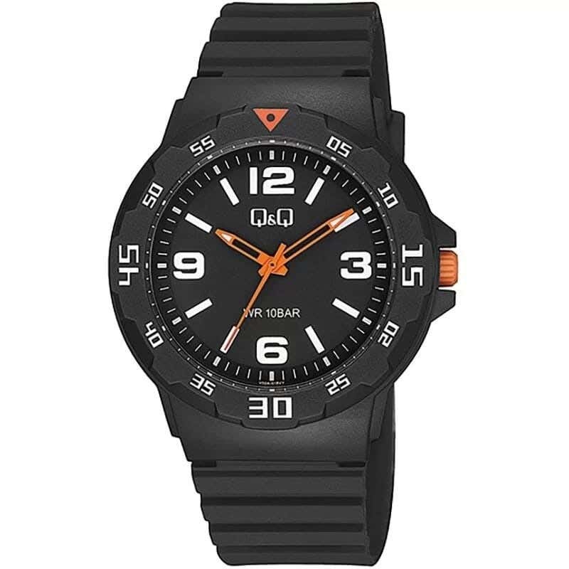 Q&Q V02A-015VY Round Analog Sport Watch For Men, L /40 - 48 mm - Black Orange