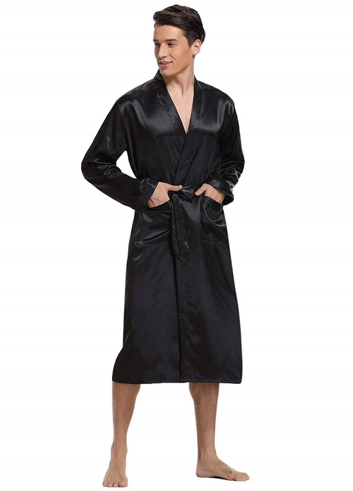 Long Sleeve Satin Robe with Waist Belt for Men