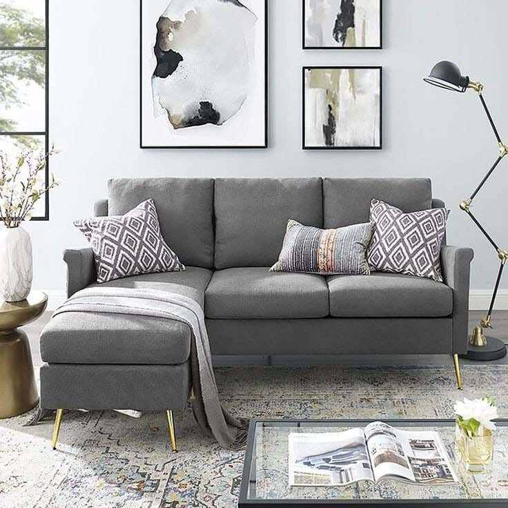 Red beech wood corner sofa, 260x180x80 cm, linen - gray