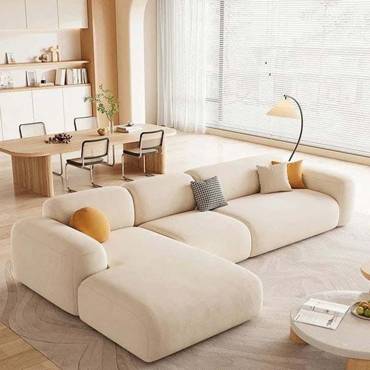 Red beech wood corner sofa, 300x180x80 cm, velvet upholstery - light beige