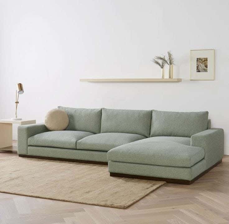 Modern corner sofa, red beech wood, 280x180x80 cm, linen - gray