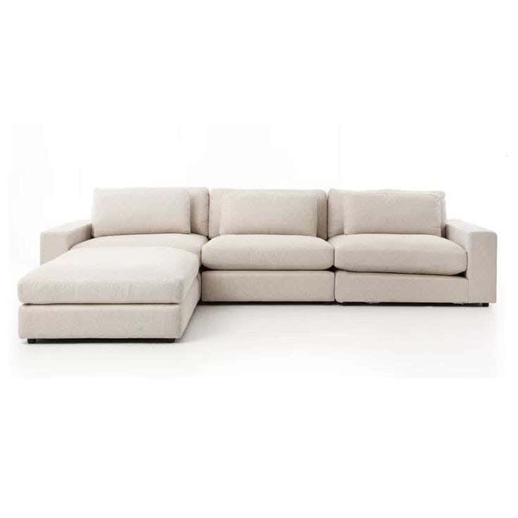 Modern corner sofa, red beech wood, 300x180x80 cm, linen - light beige