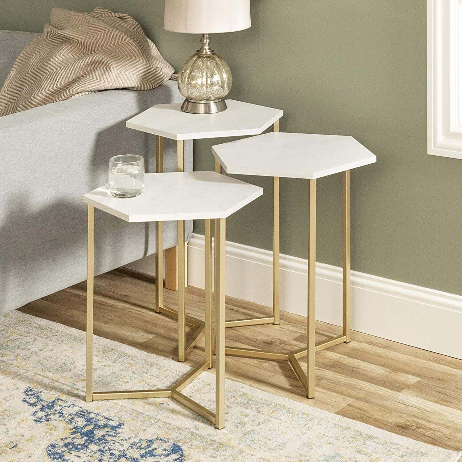 Metal Side Table Set With Carrara Marble Surface, 3 Pieces - White And Gold
