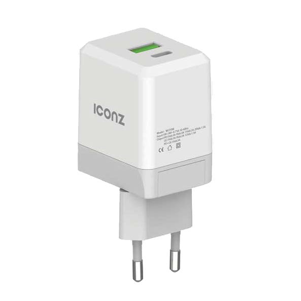 Iconz WCP3W Fast Charging Wall Charger with Dual USB Port, Support PD-QC, 30 watt - White
