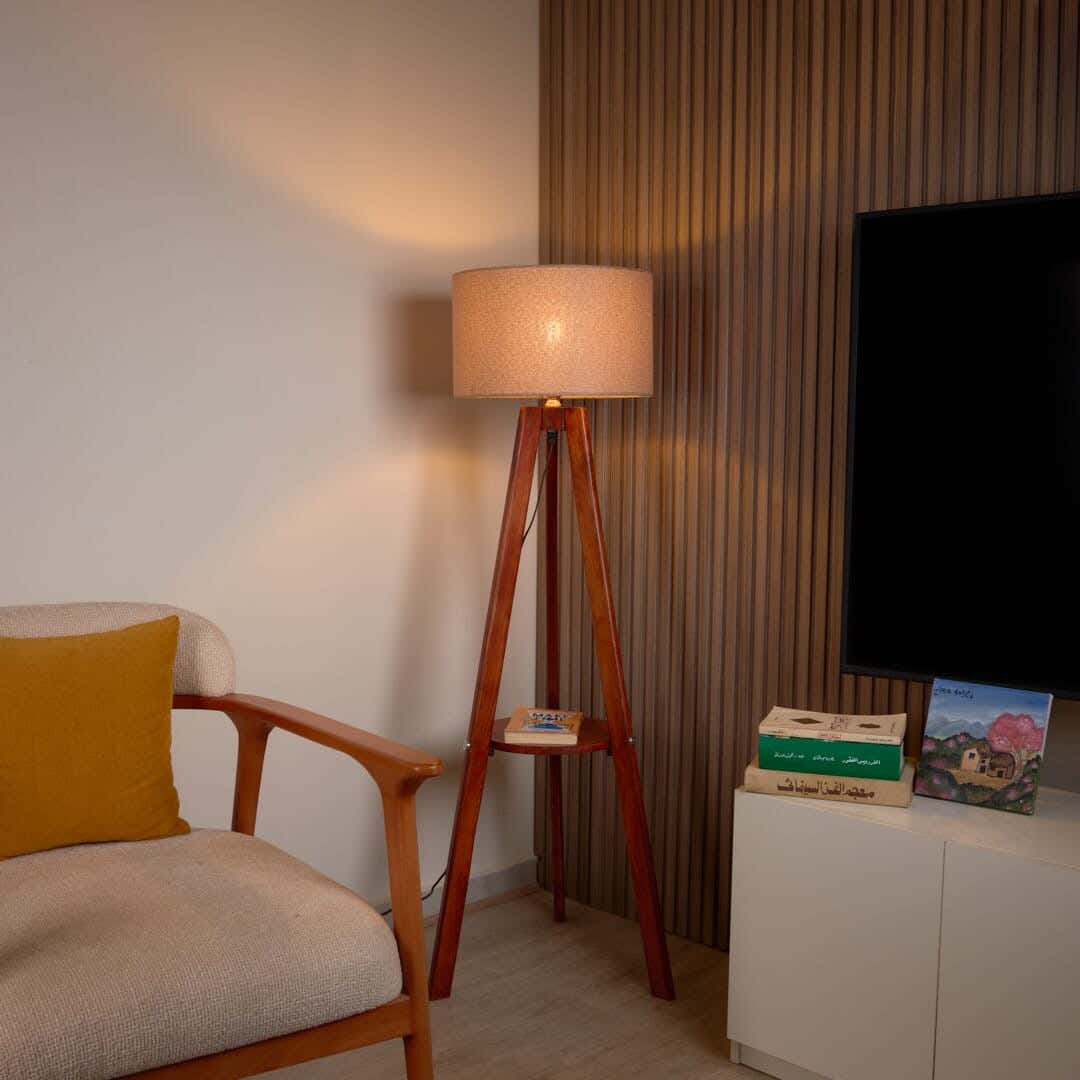 NAGAFA SHOP Red Beech Wood, Natural Linen Floor Lamp, 40×50×130 cm - Brown Beige
