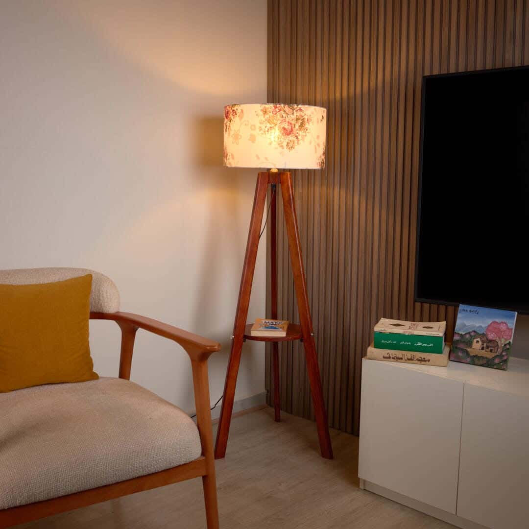 NAGAFA SHOP Red Beech Wood, Natural Linen Floor Lamp, 40×50×130 cm - Off-White Brown With A Rose Pattern