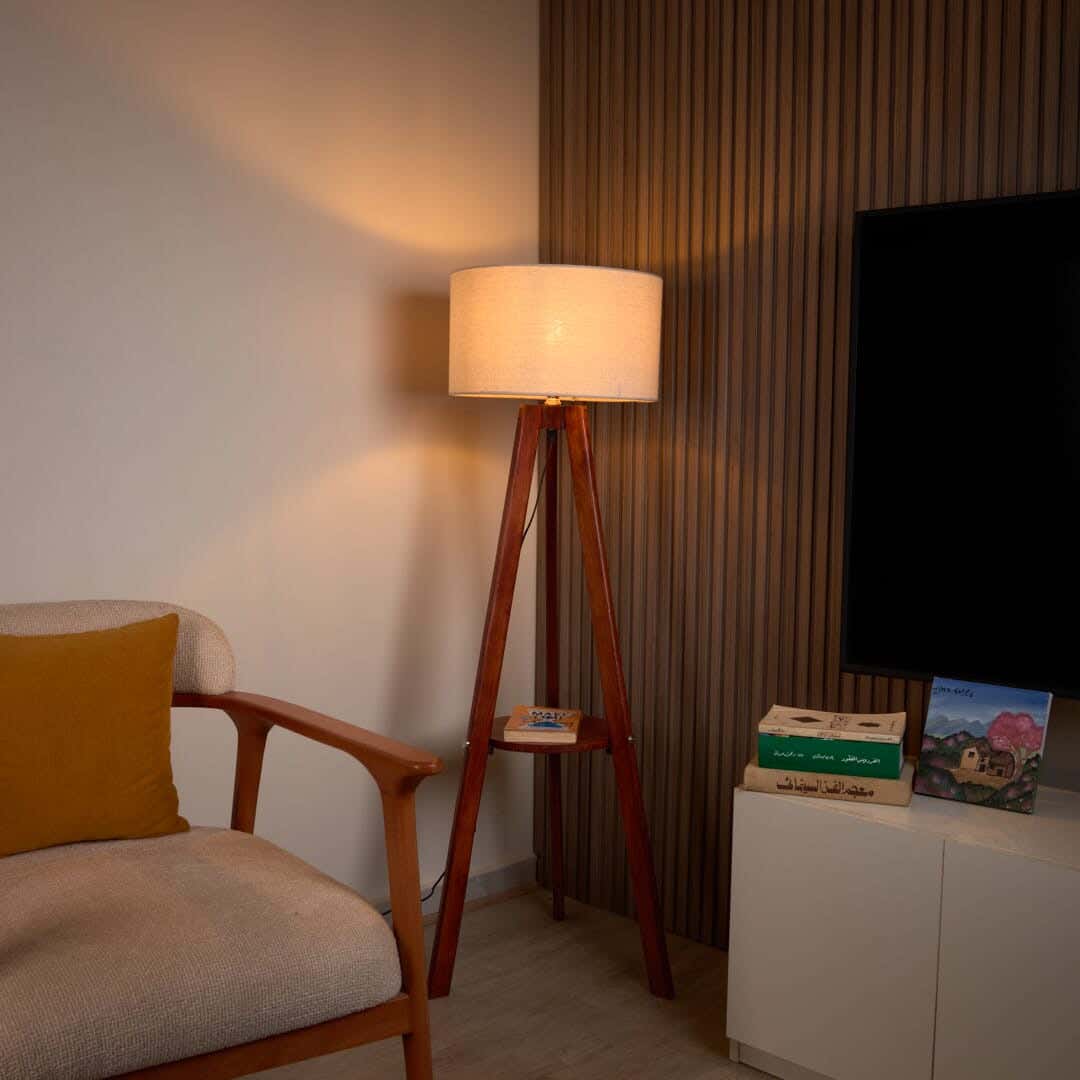 NAGAFA SHOP Red Beech Wood, Natural Linen Floor Lamp, 40×50×130 cm - Brown Off White