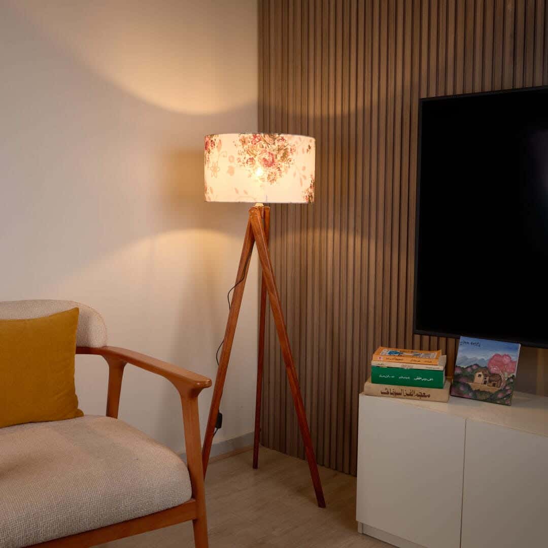 NAGAFA SHOP Red Beech Wood, Natural Linen Floor Lamp, 40×50×130 cm - Off-White Brown With A Rose Pattern