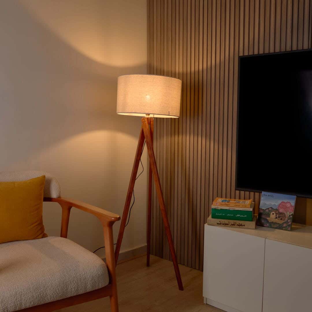 NAGAFA SHOP Red Beech Wood, Natural Linen Floor Lamp, 40×50×130 cm - Brown Off White