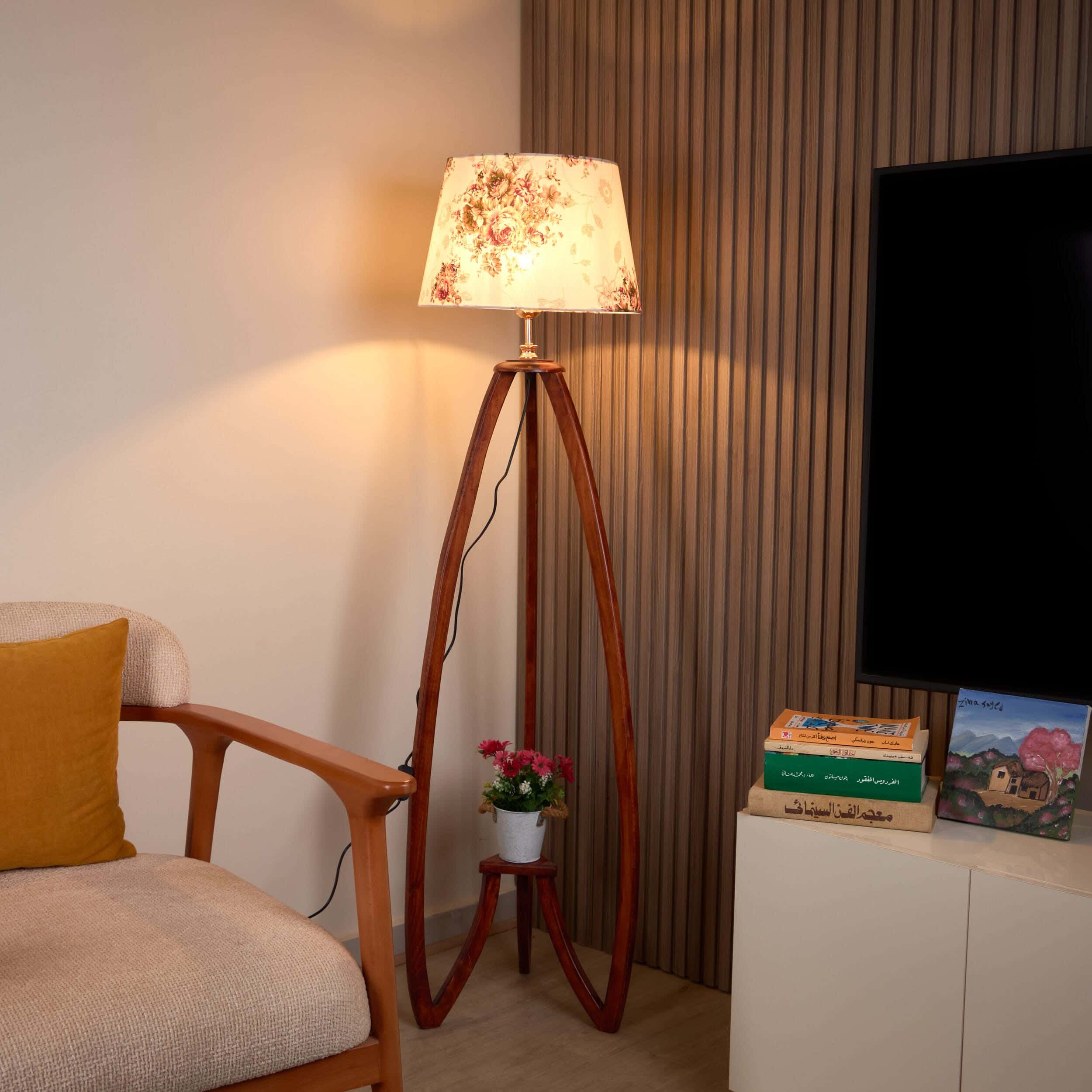NAGAFA SHOP Red Beech Wood, Natural Linen Fabric Floor Lamp, 40×50×130 cm - Off-White Brown With A Rose Pattern