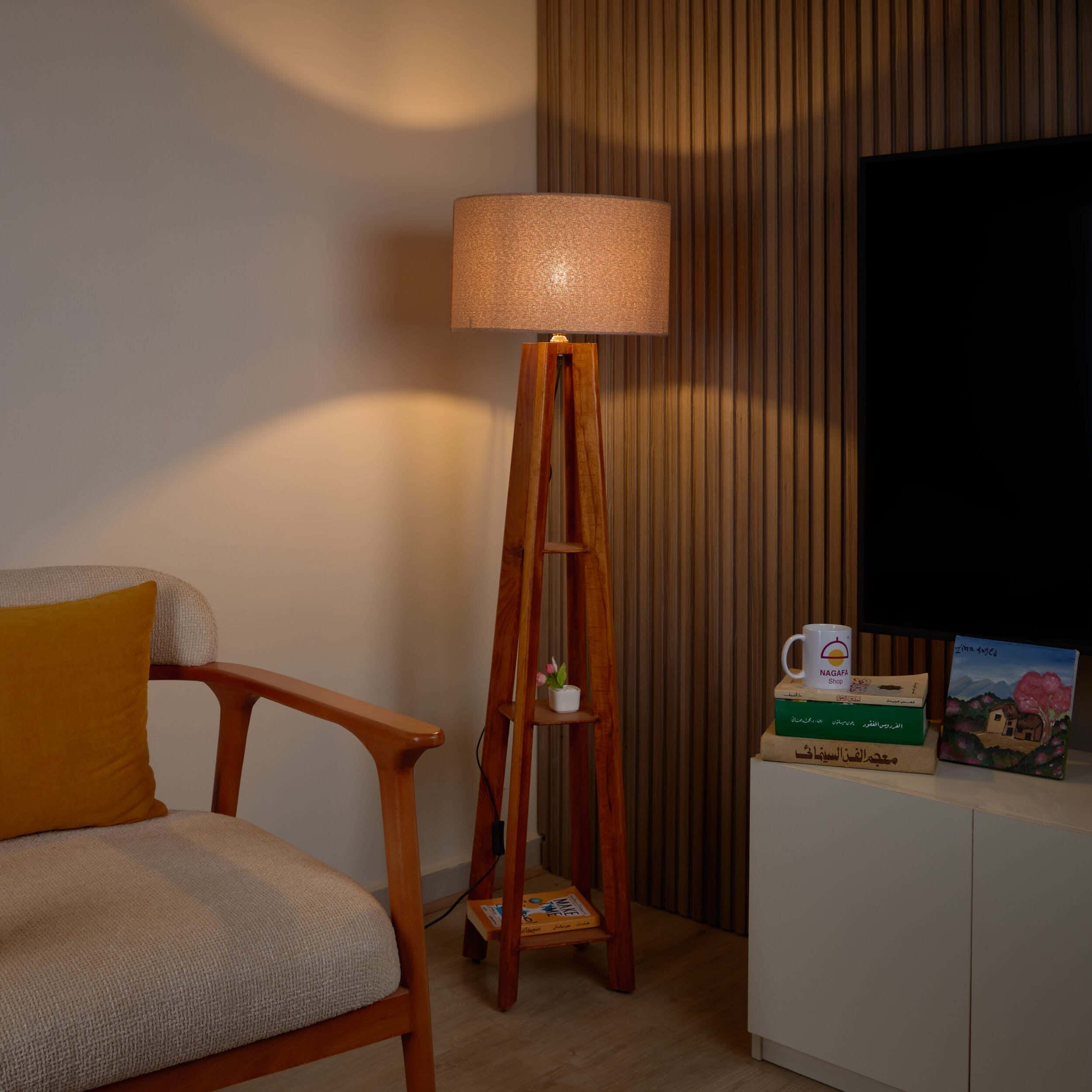 NAGAFA SHOP Red Beech Wood, Natural Linen Fabric Floor Lamp, 40×50×130 cm - Brown Beige